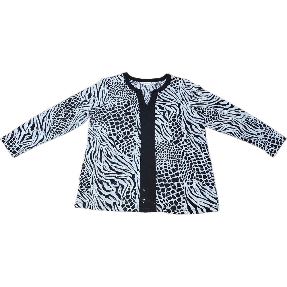 Susan Graver Liquid Knit Animal Print Sequin V-Neck Top Black White Large